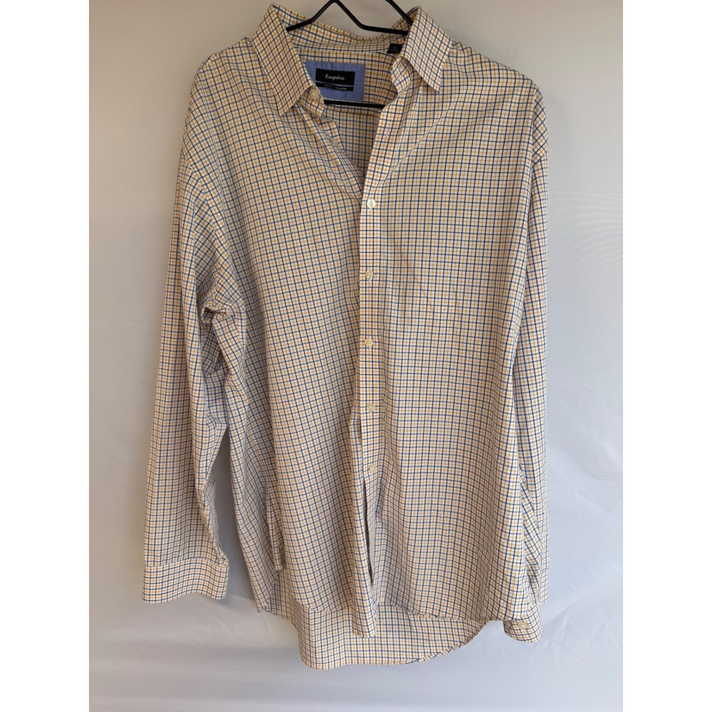 Esquire Mens Slim Fit Non Iron Dress Shirt 17 36/37 Tall Blue Orange Tattersall